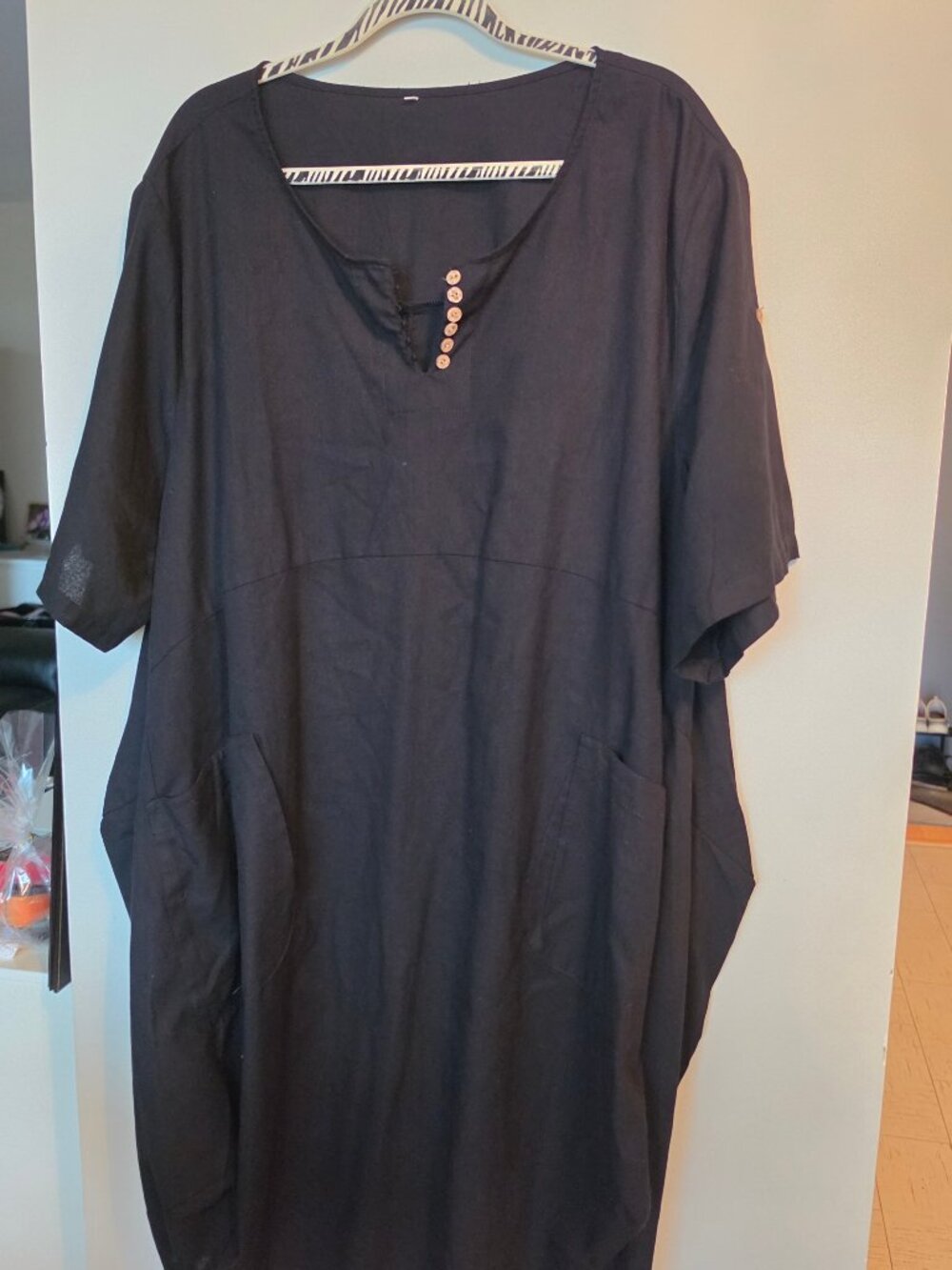 Minibee Black Linen Blend Oversized Henley Lagenlook Midi Dress